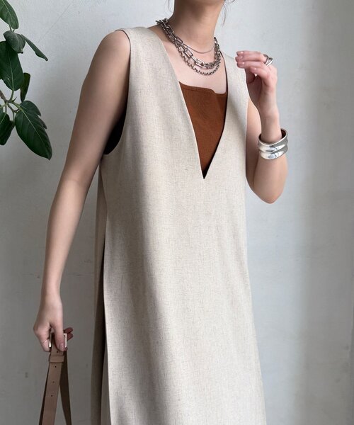 DouDou（ドゥドゥ）の「【WEB限定】リネン混深Vジャンスカ（ワンピース・レディース・ベージュ/ブラック・FREE）」の17枚目の写真