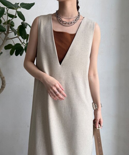 DouDou（ドゥドゥ）の「【WEB限定】リネン混深Vジャンスカ（ワンピース・レディース・ベージュ/ブラック・FREE）」の19枚目の写真