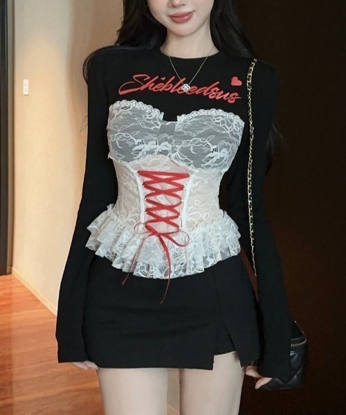 セール】レースコルセット風レイヤードトップス（Tシャツ