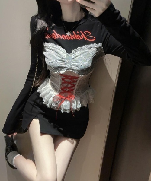 セール】レースコルセット風レイヤードトップス（Tシャツ