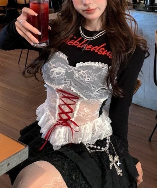 セール】レースコルセット風レイヤードトップス（Tシャツ