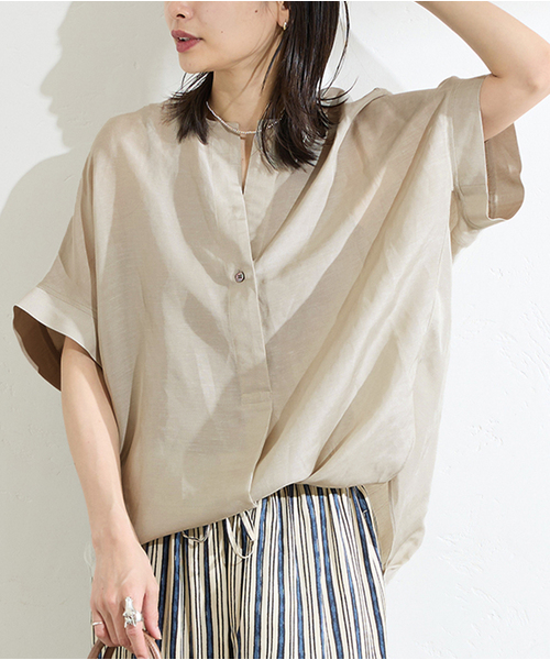 JOURNAL STANDARD（ジャーナルスタンダード）の「シアーリネンノーカラーブラウス（シャツ/ブラウス・レディース・ブラック/ライトグレー/ピンク・FREE）」の3枚目の写真