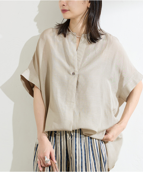 ★早い者勝ち★ オーラリー　ノーカラー　麻　ブラウス　シャツ　ベージュ　リネン AURALEE オーラリー ノーカラーシャツ ベージュ サイズ：1