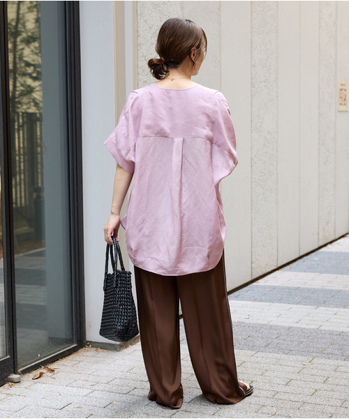 ♡ynir♡デザインカラーリネンプルオーバー ブラウス シャツ ノースリーブ 麻 シアーリネンノーカラーブラウス（シャツ/ブラウス）｜JOURNAL