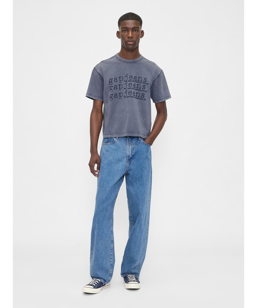 GAP(ギャップ)の「ヘビーウェイト デニム GAPロゴ クロップドTシャツ(Tシャツ/カットソー・メンズ・ブルー/ブラック/カーキ・XS/S/M/L/XL)」の4枚目の写真