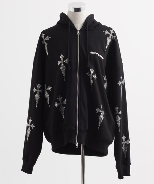 レフレム クロス総柄ラインストーンZIPパーカー/ジップアップパーカー ブラック REFLEM/レフレム』クロス総柄ラインストーンZIPパーカー/ジップ