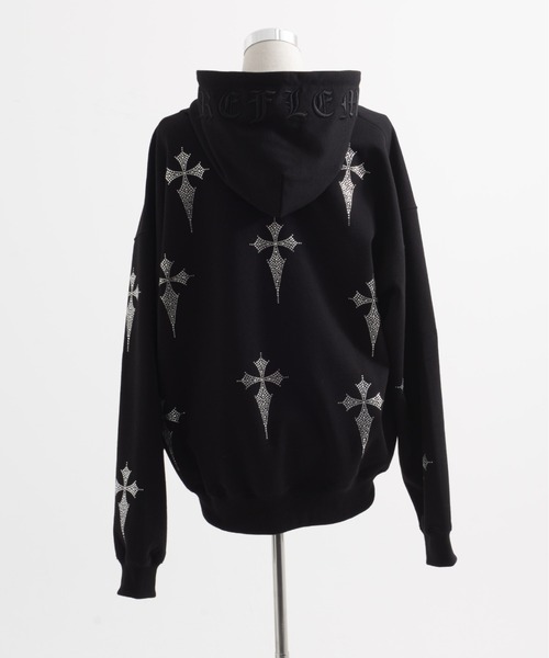REFLEM レフレム 十字架 ラインストーン クロス パーカー 黒 シルバー REFLEM/レフレム』クロス総柄ラインストーンZIPパーカー/ジップ