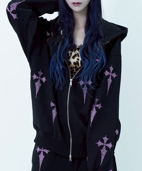 REFLEM/レフレム』クロス総柄ラインストーンZIPパーカー/ジップ