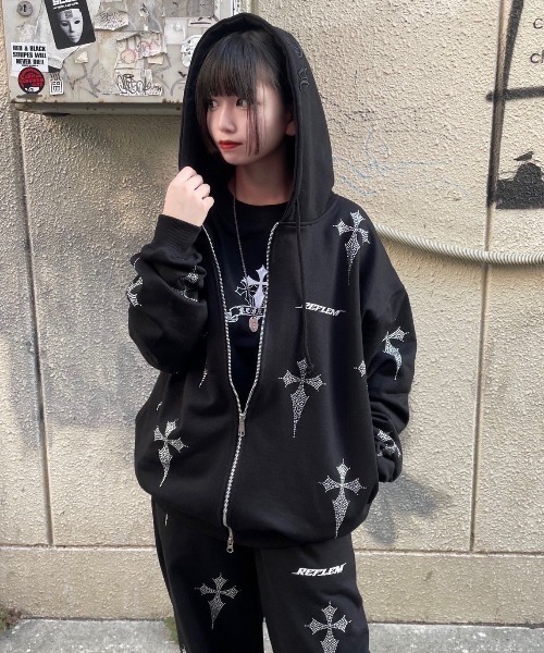 REFLEM/レフレム』クロス総柄ラインストーンZIPパーカー/ジップ
