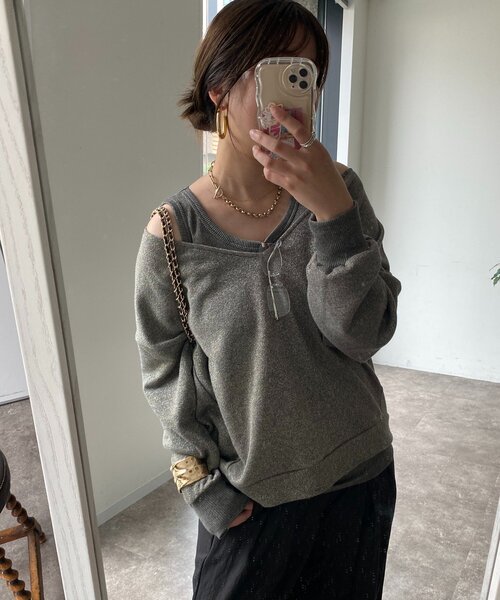 DouDou(ドゥドゥ)の「【新色追加/インフルエンサーSAKURA企画】ラメスウェットタンクセット(Tシャツ/カットソー・レディース・チャコールグレー/キャメル/ライトグレー・FREE)」の2枚目の写真