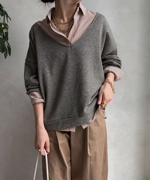 DouDou(ドゥドゥ)の「【新色追加/インフルエンサーSAKURA企画】ラメスウェットタンクセット(Tシャツ/カットソー・レディース・チャコールグレー/キャメル/ライトグレー・FREE)」の7枚目の写真