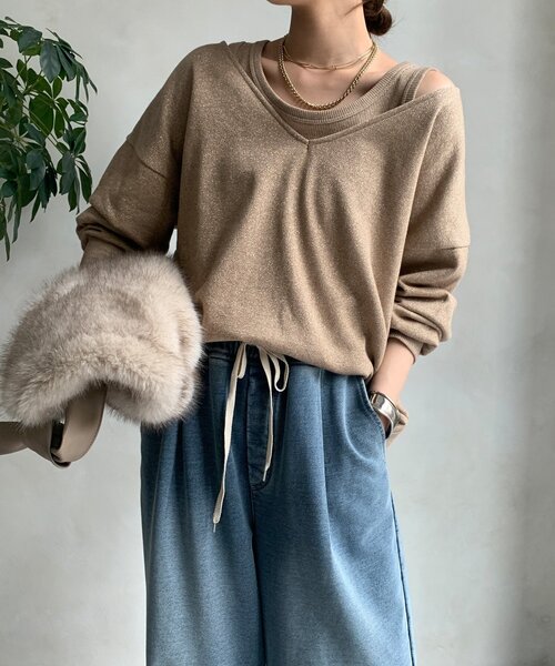 DouDou(ドゥドゥ)の「【新色追加/インフルエンサーSAKURA企画】ラメスウェットタンクセット(Tシャツ/カットソー・レディース・チャコールグレー/キャメル/ライトグレー・FREE)」の20枚目の写真