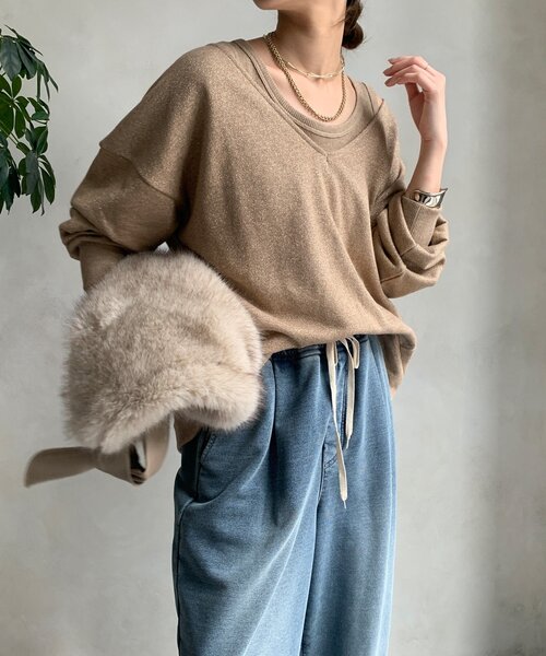 DouDou(ドゥドゥ)の「【新色追加/インフルエンサーSAKURA企画】ラメスウェットタンクセット(Tシャツ/カットソー・レディース・チャコールグレー/キャメル/ライトグレー・FREE)」の21枚目の写真