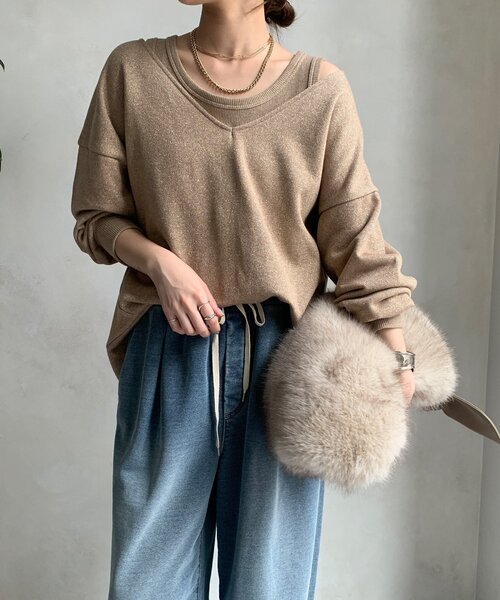 DouDou(ドゥドゥ)の「【新色追加/インフルエンサーSAKURA企画】ラメスウェットタンクセット(Tシャツ/カットソー・レディース・チャコールグレー/キャメル/ライトグレー・FREE)」の22枚目の写真