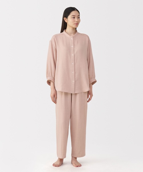 セール】婦人 ヘリンボーンガーゼ スタンドカラー八分袖パジャマ