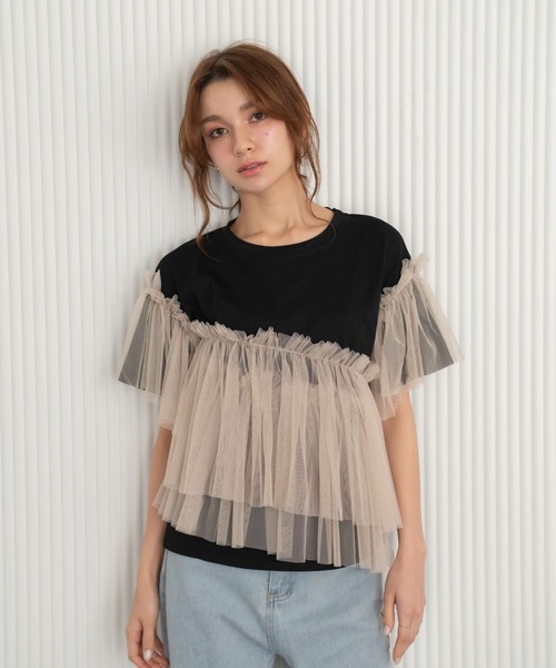 Nu(ニュー)の「【Nu】チュールドッキングTシャツ(Tシャツ/カットソー・レディース・ベージュ/ブルー・MEDIUM)」の3枚目の写真