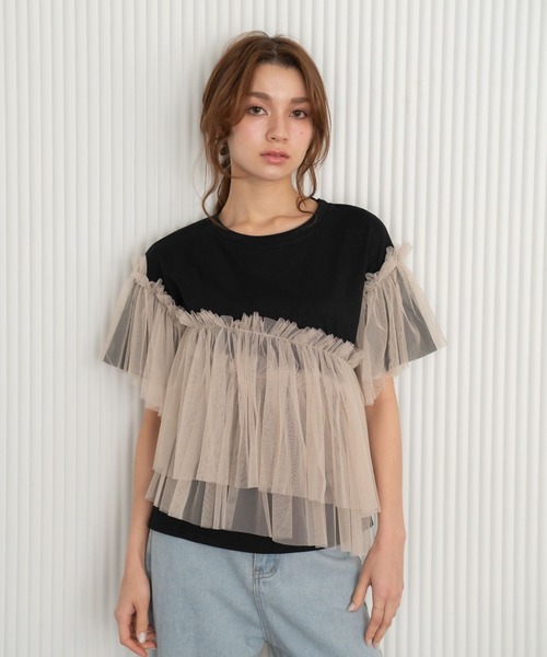 Nu(ニュー)の「【Nu】チュールドッキングTシャツ(Tシャツ/カットソー・レディース・ベージュ/ブルー・MEDIUM)」の4枚目の写真