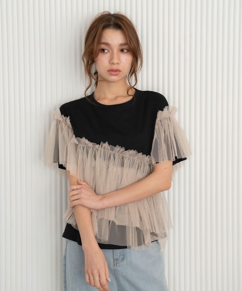 Nu(ニュー)の「【Nu】チュールドッキングTシャツ(Tシャツ/カットソー・レディース・ベージュ/ブルー・MEDIUM)」の5枚目の写真
