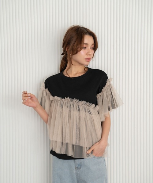 Nu(ニュー)の「【Nu】チュールドッキングTシャツ(Tシャツ/カットソー・レディース・ベージュ/ブルー・MEDIUM)」の6枚目の写真