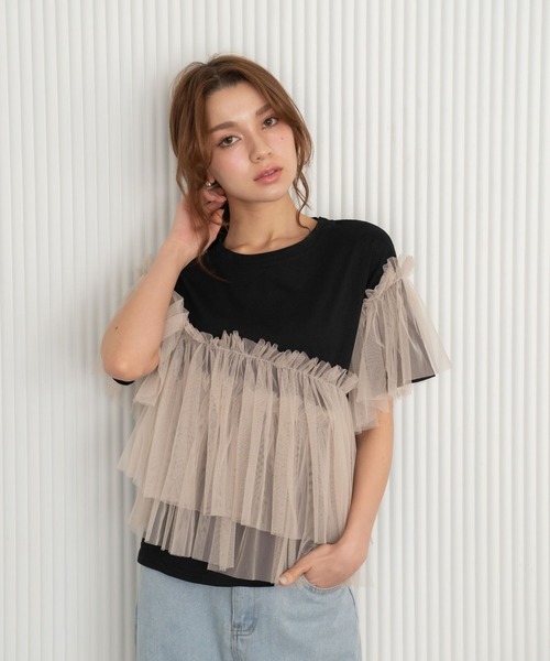 Nu(ニュー)の「【Nu】チュールドッキングTシャツ(Tシャツ/カットソー・レディース・ベージュ/ブルー・MEDIUM)」の7枚目の写真