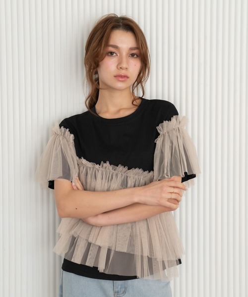Nu(ニュー)の「【Nu】チュールドッキングTシャツ(Tシャツ/カットソー・レディース・ベージュ/ブルー・MEDIUM)」の8枚目の写真