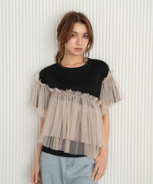 Nu(ニュー)の「【Nu】チュールドッキングTシャツ(Tシャツ/カットソー・レディース・ベージュ/ブルー・MEDIUM)」の9枚目の写真