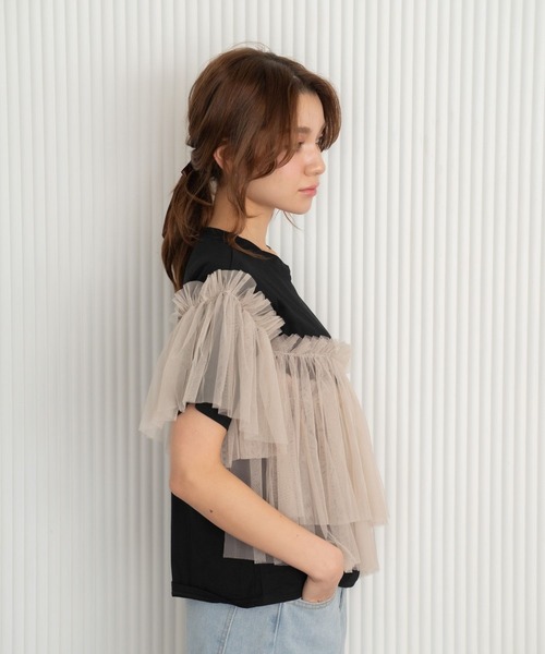 Nu(ニュー)の「【Nu】チュールドッキングTシャツ(Tシャツ/カットソー・レディース・ベージュ/ブルー・MEDIUM)」の10枚目の写真