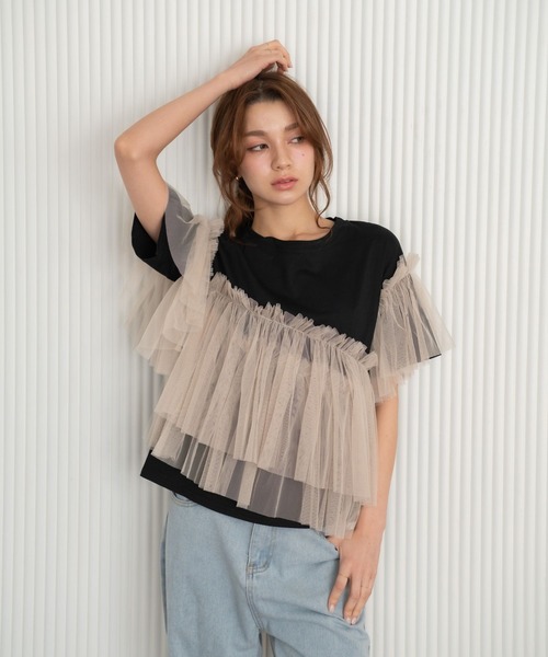 Nu(ニュー)の「【Nu】チュールドッキングTシャツ(Tシャツ/カットソー・レディース・ベージュ/ブルー・MEDIUM)」の11枚目の写真