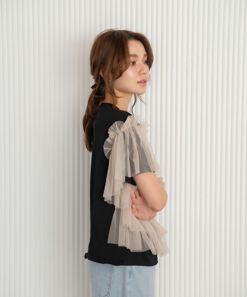Nu(ニュー)の「【Nu】チュールドッキングTシャツ(Tシャツ/カットソー・レディース・ベージュ/ブルー・MEDIUM)」の12枚目の写真