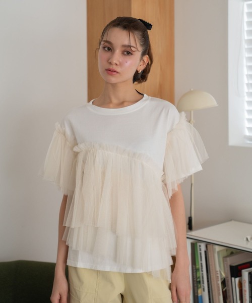 Nu(ニュー)の「【Nu】チュールドッキングTシャツ(Tシャツ/カットソー・レディース・ベージュ/ブルー・MEDIUM)」の14枚目の写真