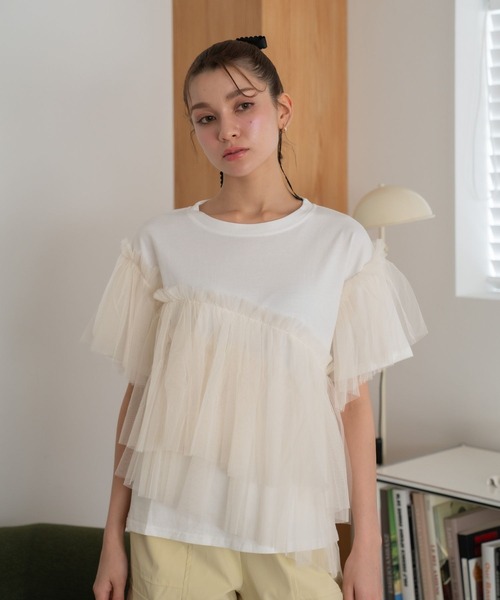 Nu(ニュー)の「【Nu】チュールドッキングTシャツ(Tシャツ/カットソー・レディース・ベージュ/ブルー・MEDIUM)」の15枚目の写真
