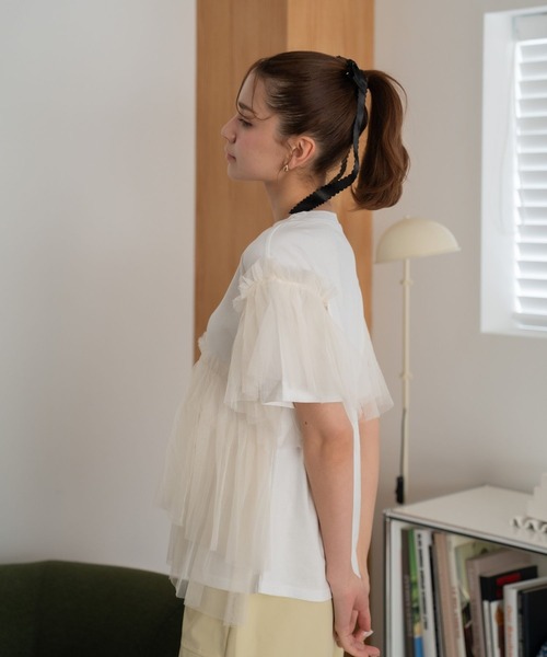 Nu(ニュー)の「【Nu】チュールドッキングTシャツ(Tシャツ/カットソー・レディース・ベージュ/ブルー・MEDIUM)」の16枚目の写真