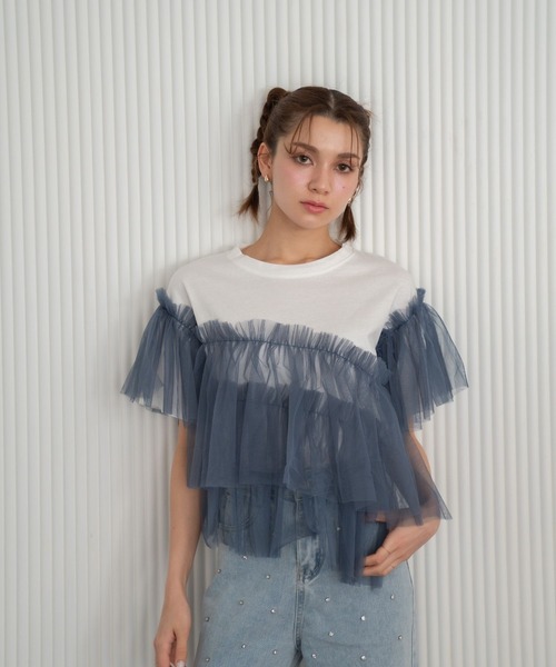 Nu(ニュー)の「【Nu】チュールドッキングTシャツ(Tシャツ/カットソー・レディース・ベージュ/ブルー・MEDIUM)」の19枚目の写真
