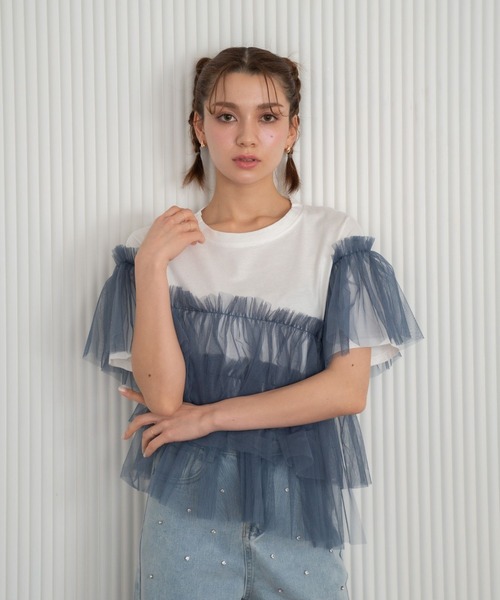 Nu(ニュー)の「【Nu】チュールドッキングTシャツ(Tシャツ/カットソー・レディース・ベージュ/ブルー・MEDIUM)」の20枚目の写真