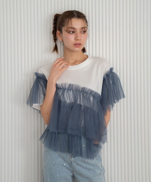 Nu(ニュー)の「【Nu】チュールドッキングTシャツ(Tシャツ/カットソー・レディース・ベージュ/ブルー・MEDIUM)」の21枚目の写真