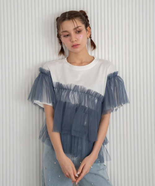 Nu(ニュー)の「【Nu】チュールドッキングTシャツ(Tシャツ/カットソー・レディース・ベージュ/ブルー・MEDIUM)」の22枚目の写真