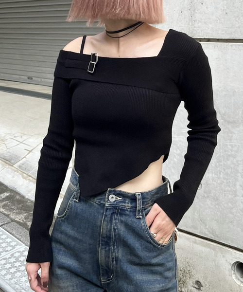 SPIRALGIRL(スパイラルガール)の「アシメヘムワンショルダーニット(ニット/セーター・レディース・ベージュ/グレー/ブラック・FREE)」の2枚目の写真