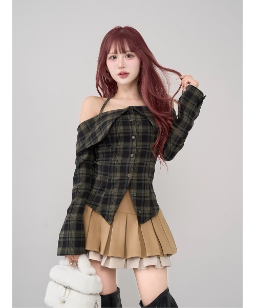 Darich ホルターオフショルチェックシャツ ブラウン