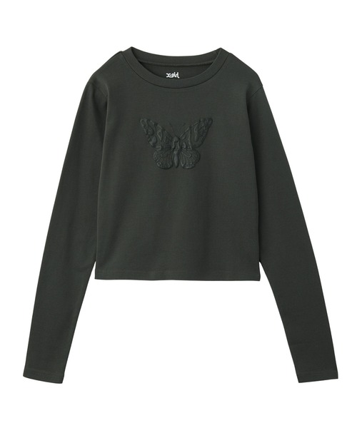 X-girl(エックスガール)の「BUTTERFLY FOAM PRINT L/S BABY TEE(Tシャツ/カットソー・レディース・グレー/ホワイト/チャコール・ONE SIZE)」の1枚目の写真