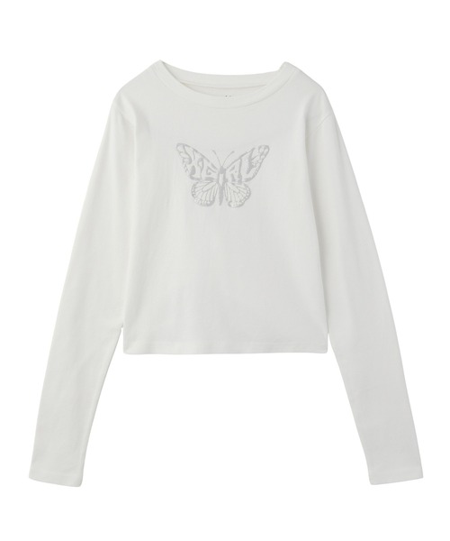 X-girl(エックスガール)の「BUTTERFLY FOAM PRINT L/S BABY TEE(Tシャツ/カットソー・レディース・グレー/ホワイト/チャコール・ONE SIZE)」の7枚目の写真