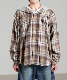 【Chikashitsu +】oversized hood mix check shirt / 【チカシツプラス】オーバーサイズフードミックスチェックシャツ