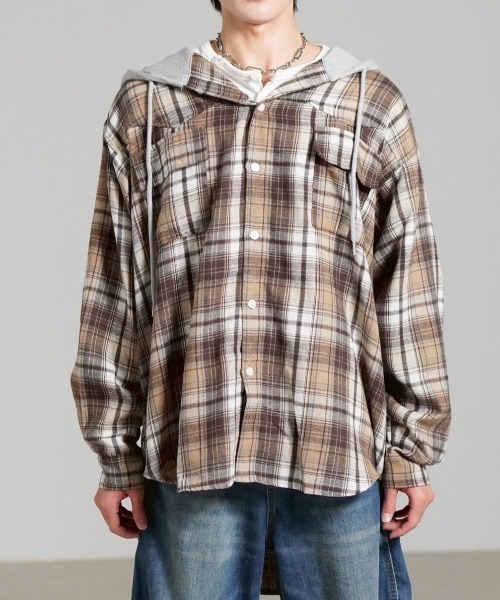 Chikashitsu +】oversized hood mix check shirt / 【チカシツプラス