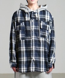 【Chikashitsu +】oversized hood mix check shirt / 【チカシツプラス】オーバーサイズフードミックスチェックシャツ