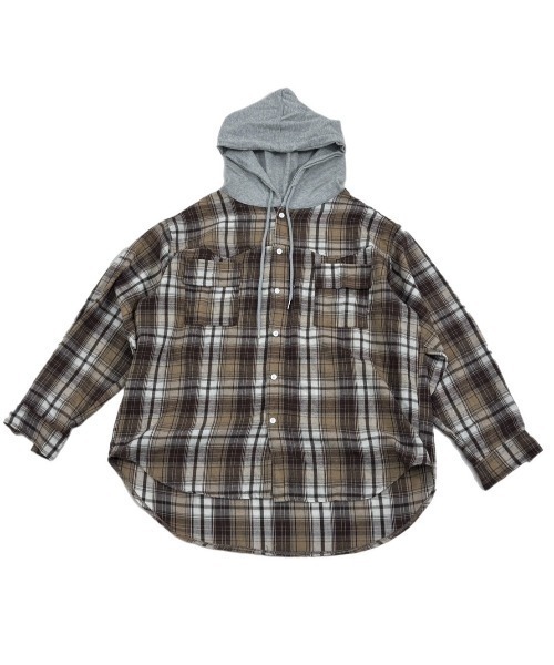 Chikashitsu +(チカシツプラス)の「【Chikashitsu +】oversized hood mix check shirt / 【チカシツプラス】オーバーサイズフードミックスチェックシャツ(シャツ/ブラウス・メンズ・ネイビー/レッド/ベージュ・ONE SIZE)」の4枚目の写真