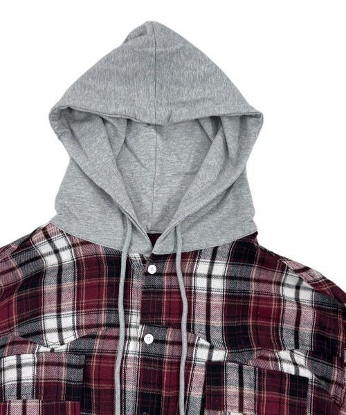 Chikashitsu +(チカシツプラス)の「【Chikashitsu +】oversized hood mix check shirt / 【チカシツプラス】オーバーサイズフードミックスチェックシャツ(シャツ/ブラウス・メンズ・ネイビー/レッド/ベージュ・ONE SIZE)」の8枚目の写真