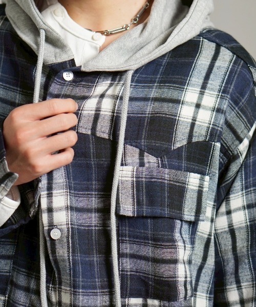 Chikashitsu +(チカシツプラス)の「【Chikashitsu +】oversized hood mix check shirt / 【チカシツプラス】オーバーサイズフードミックスチェックシャツ(シャツ/ブラウス・メンズ・ネイビー/レッド/ベージュ・ONE SIZE)」の18枚目の写真