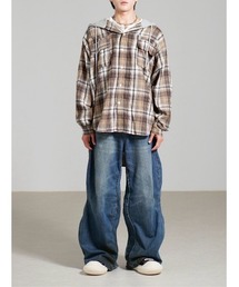 Chikashitsu +（チカシツプラス）の「【Chikashitsu +】oversized hood mix check shirt / 【チカシツプラス】オーバーサイズフードミックスチェックシャツ（シャツ/ブラウス）」