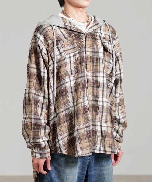 マインドシーカー★18AWパッチワークオーバーサイズフードチェックシャツ Chikashitsu +】oversized hood mix check shirt / 【チカシツプラス