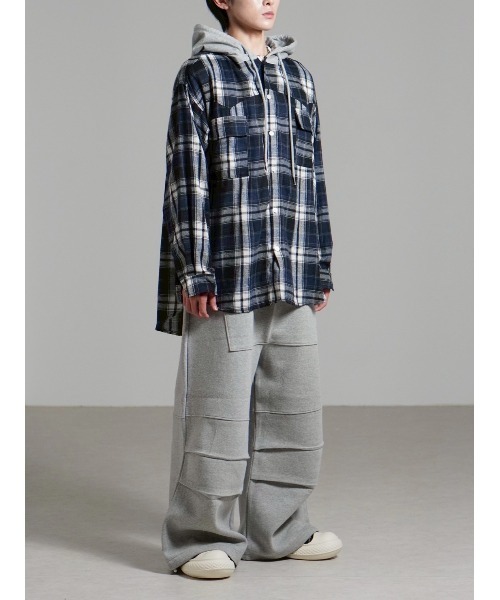Chikashitsu +(チカシツプラス)の「【Chikashitsu +】oversized hood mix check shirt / 【チカシツプラス】オーバーサイズフードミックスチェックシャツ(シャツ/ブラウス・メンズ・ネイビー/レッド/ベージュ・ONE SIZE)」の20枚目の写真