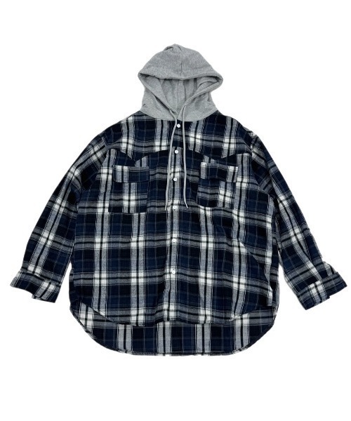 Chikashitsu +(チカシツプラス)の「【Chikashitsu +】oversized hood mix check shirt / 【チカシツプラス】オーバーサイズフードミックスチェックシャツ(シャツ/ブラウス・メンズ・ネイビー/レッド/ベージュ・ONE SIZE)」の22枚目の写真